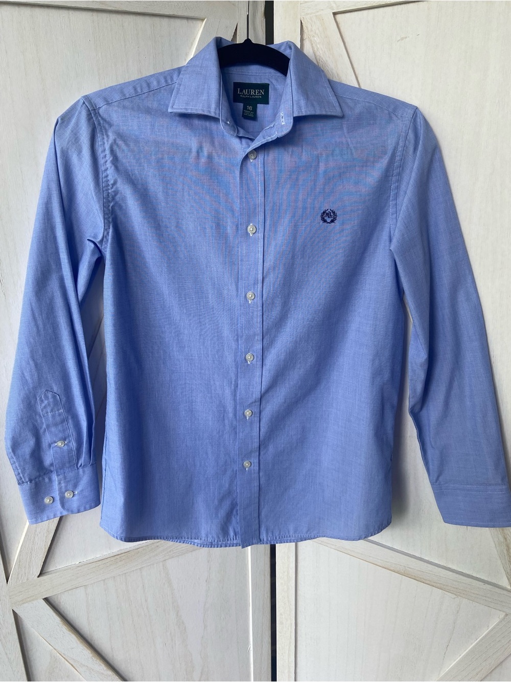 Lauren Big Boys Blue Cotton Blend Button-Down Dress Shirt, Size 16